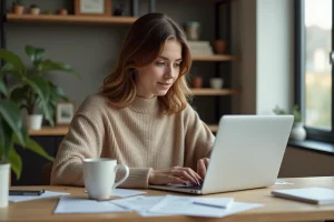 Jeune femme cherchant un garant en ligne sur son ordinateur portable dans un bureau à domicile