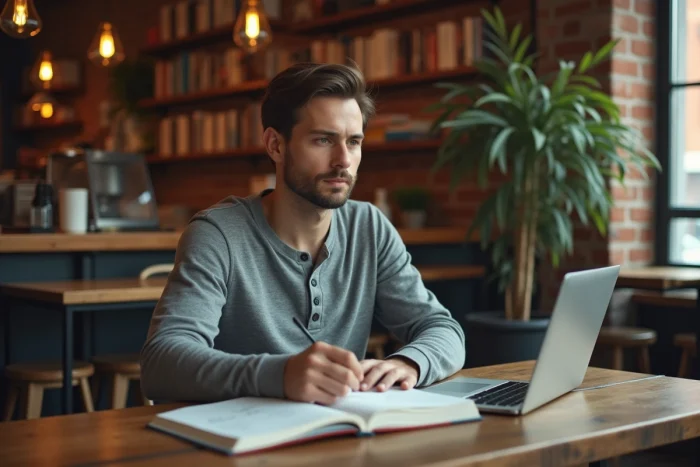 Jeune homme proactif travaillant sur ses objectifs personnels et professionnels dans un café indépendant