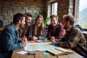 Groupe de jeunes aventuriers planifiant un voyage autour d'une carte sur une table en bois dans un refuge de montagne