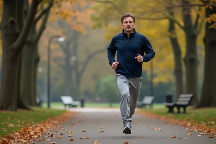 Homme faisant du jogging dans un parc en automne dans le cadre d'une routine sportive pour retrouver la forme