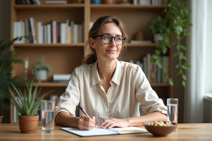 Femme tenant un journal de bien-être à son bureau pour suivre ses habitudes alimentaires et sa perte de poids