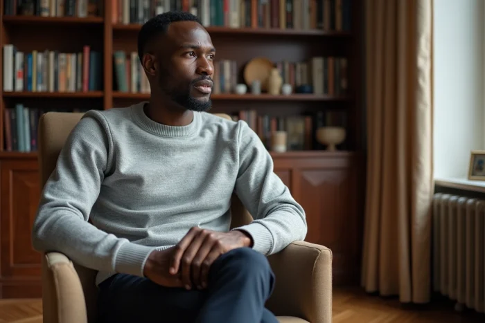 Journaliste noir en pull gris assis dans un appartement parisien cultivé, expression engagée lors d'un entretien informel devant une bibliothèque