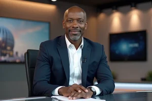 Journaliste noir professionnel en costume marine assis derrière un bureau de télévision moderne, regard direct et posture assurée