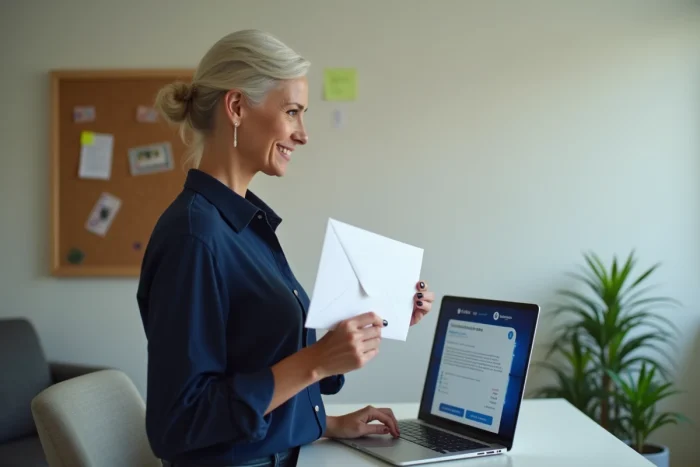 Femme tenant une lettre de résiliation Freebox devant un ordinateur portable
