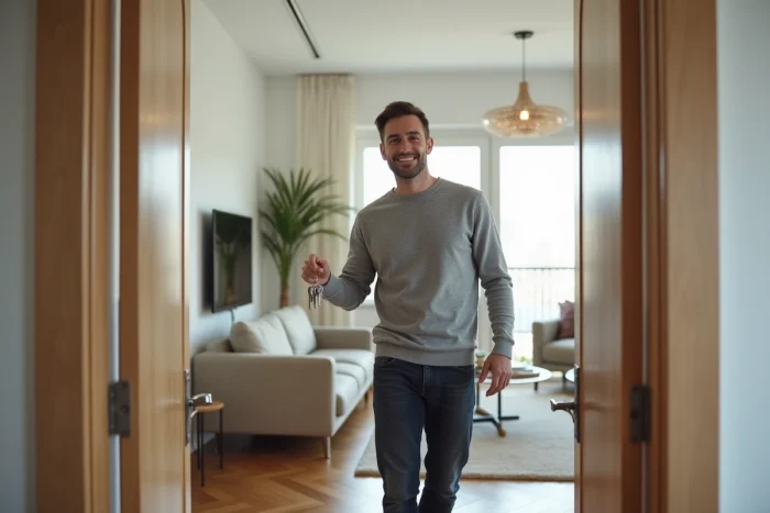 Nouveau locataire souriant tenant les clés de son appartement après une location sereine facilitée par Tandem Immobilier