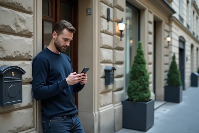 Jeune locataire cherchant appartement en ligne sur smartphone devant immeuble
