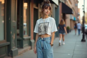 Jeune femme en tenue 90s avec jean taille haute, baby tee graphique et baskets chunky dans une rue urbaine