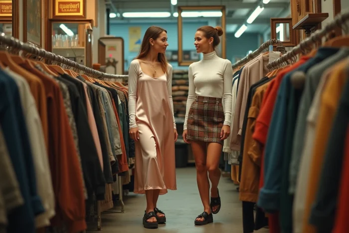 Deux femmes en tenues inspirées des années 90 fouillant des vêtements vintage dans une friperie