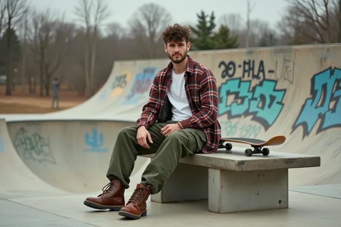 Homme en tenue streetwear 90s avec cargo baggy et chemise flanelle dans un skatepark urbain