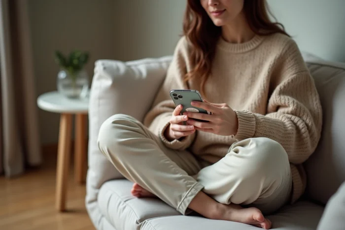 Une femme utilise l'application Lydia sur son smartphone depuis son canapé pour accéder à une avance de trésorerie intégrée à son compte