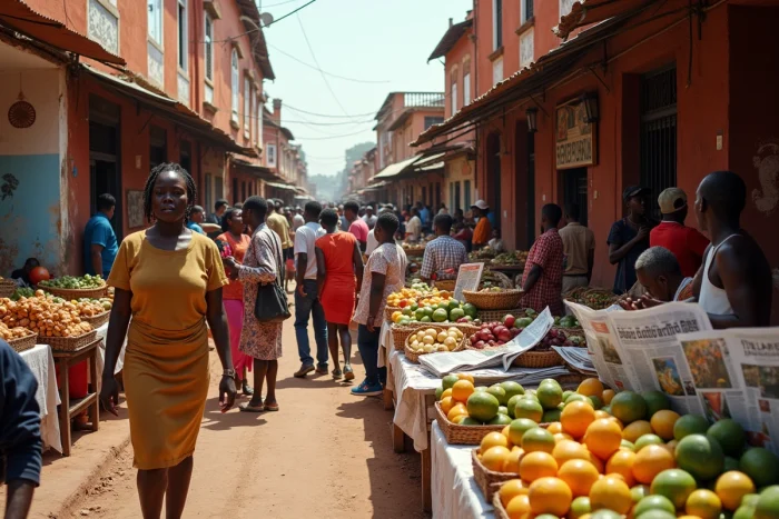 Marché animé en plein air à Antananarivo avec vendeurs et produits locaux malgaches