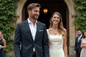Couple élégant devant une église en pierre lors d'un mariage traditionnel français