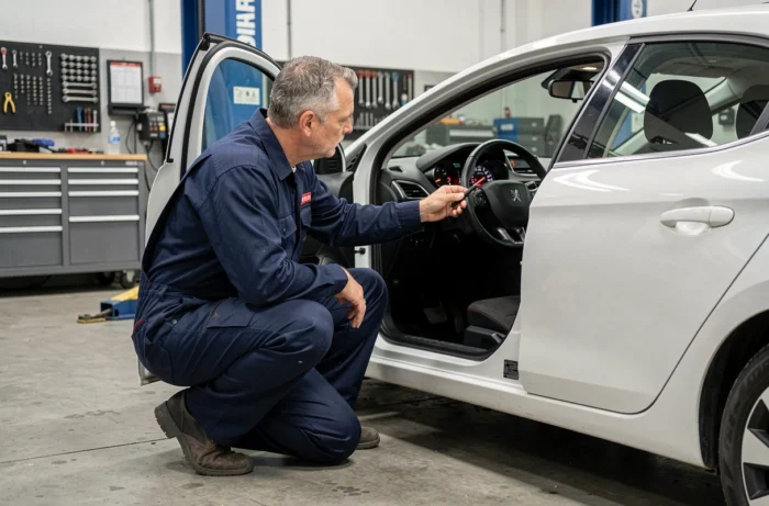 Mécanicien expliquant la signification des voyants du tableau de bord d'une Peugeot 208 dans un garage automobile