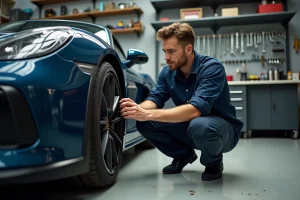 Mécanicien passionné inspectant la roue d'une voiture de sport dans un garage privé bien équipé