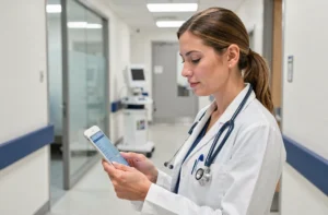 Médecin femme consultant des données médicales sur une tablette dans un couloir d'hôpital moderne