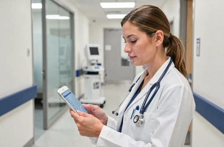 Médecin femme consultant des données médicales sur une tablette dans un couloir d'hôpital moderne