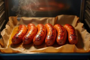Merguez juteuses en train de cuire sur une plaque de four tapissée de papier sulfurisé, peau craquelée et brillante de jus épicés