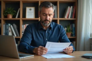 Un ancien militaire en tenue professionnelle révise son CV à son bureau pour une reconversion civile réussie