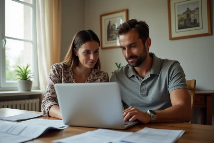 Un couple consulte une demande de mini-prêt Mon Coup de Pouce de Floa Bank sur un ordinateur portable, entouré de documents financiers