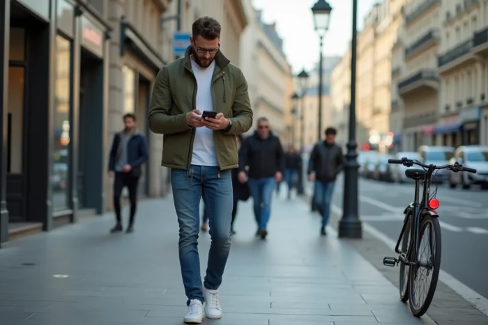 Un jeune actif consulte l'application Moneybounce pour un crédit rapide en pleine rue parisienne, reflétant le ciblage des jeunes professionnels