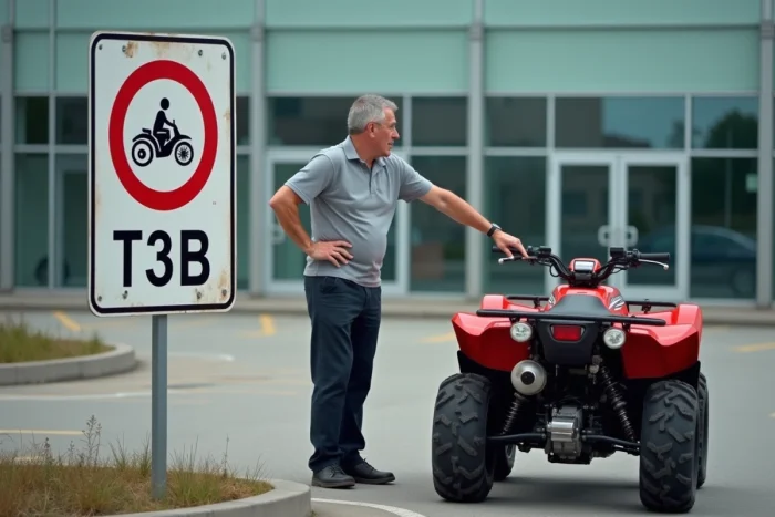 Moniteur d'auto-école expliquant la réglementation du quad T3B sur route dans un parking d'école de conduite
