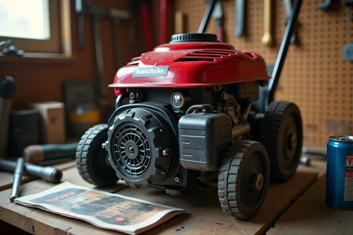 Gros plan du moteur d'une tondeuse thermique posée sur un établi dans un atelier de jardin