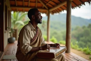 Musicien malgache jouant de la valiha traditionnelle sur le porche d'une maison rurale à Madagascar