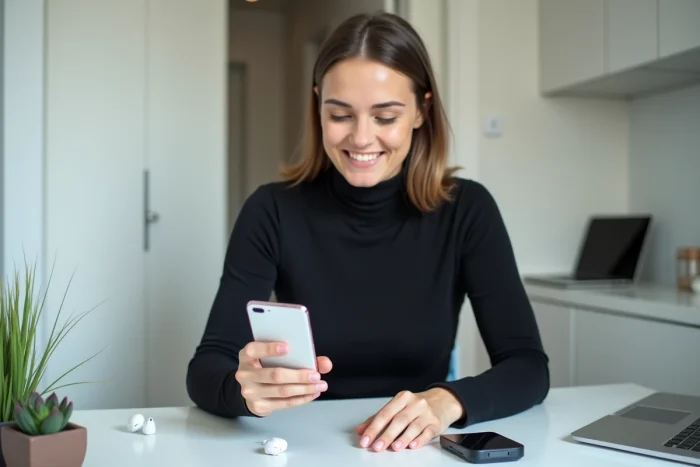Une jeune femme gère le découvert flexible de son compte mobile N26 depuis son appartement minimaliste, illustrant la banque 100% en ligne