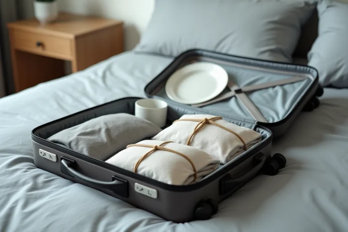 Valise cabine ouverte avec de la vaisselle soigneusement emballée dans des serviettes en tissu entre des vêtements