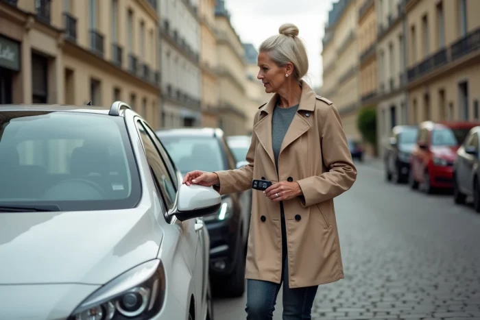 Femme face à une panne de fermeture centralisée sur sa Peugeot 308 garée dans une rue parisienne