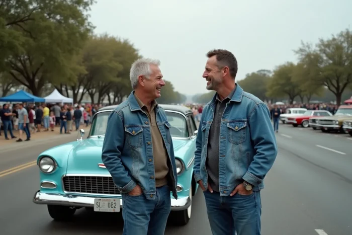 Deux passionnés d'automobile discutant devant une voiture classique restaurée lors d'un rassemblement en plein air