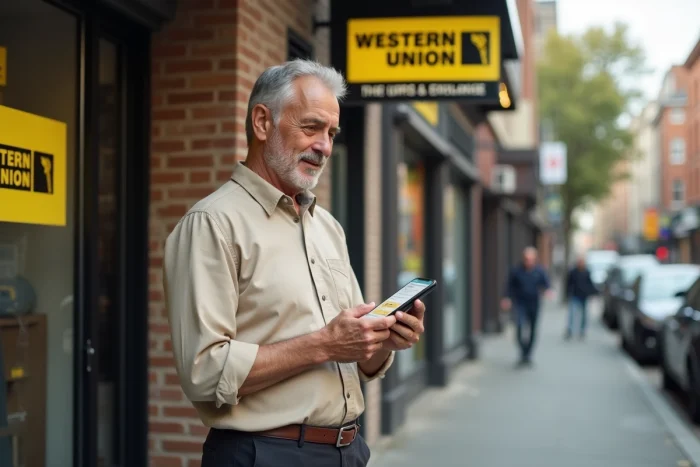 Homme consultant le plafond de transfert Western Union sur son smartphone devant un bureau de change