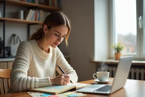 Femme planifiant un voyage inoubliable avec une carte et un journal de voyage sur une table en bois