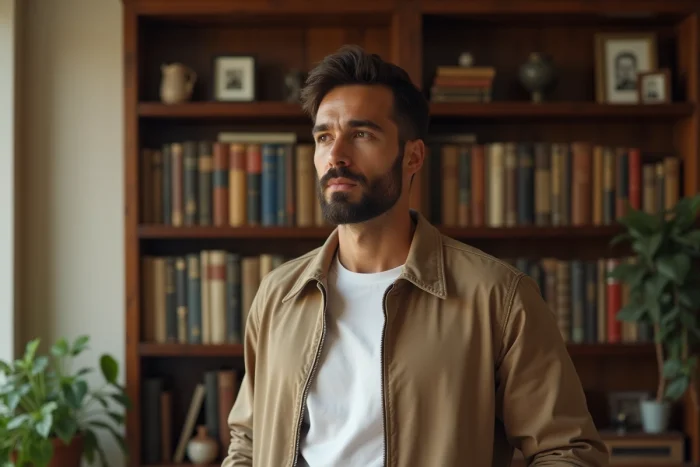 Portrait d'un homme devant une bibliothèque remplie d'albums de famille et de portraits encadrés