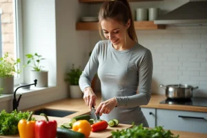 Femme préparant des repas sains avec des légumes frais dans une cuisine moderne pour perdre du poids durablement