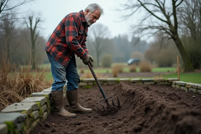 Jardinier âgé qui retourne la terre du potager avec une fourche au début du printemps