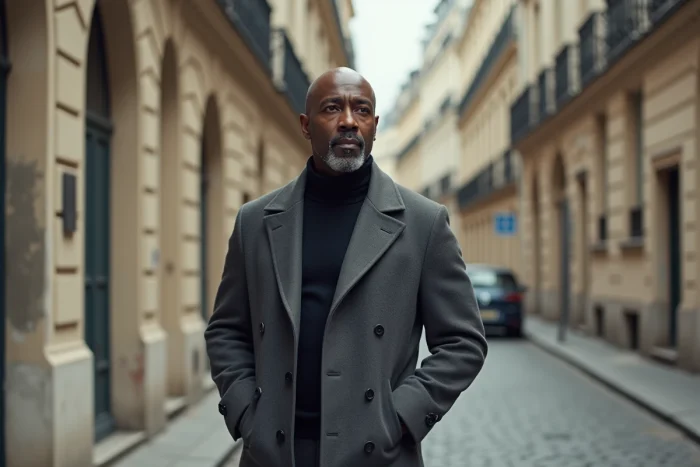 Présentateur de télévision élégant dans une rue parisienne haussmannienne, portant un manteau gris et adoptant une pose décontractée et réfléchie