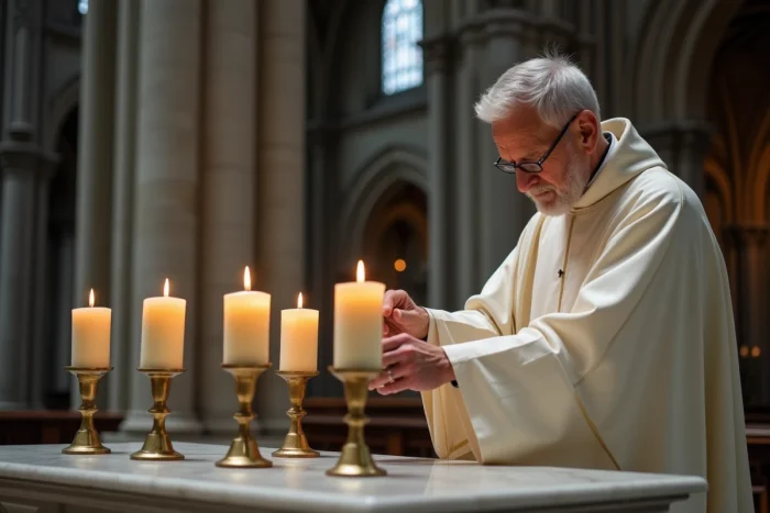 Un prêtre âgé en habits liturgiques blancs place le sixième cierge sur un autel en marbre dans une cathédrale gothique