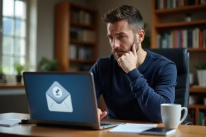Homme frustré face à une erreur de connexion webmail sur son ordinateur portable dans un bureau à domicile à Grenoble
