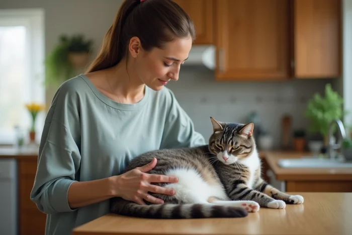 Femme examinant le ventre gonflé de son chat gris à la maison dans la cuisine