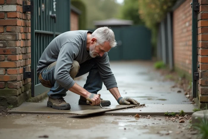 Artisan appliquant un ragréage autonivelant au seuil d'un portail de maison individuelle avec une règle en métal