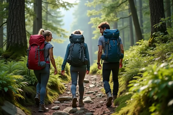 Trois jeunes randonneurs avec des sacs à dos traversant un sentier forestier lors d'un voyage aventure