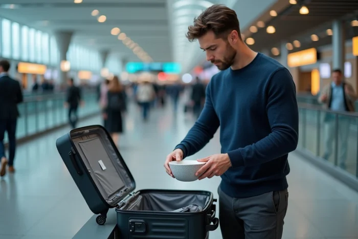 Homme rangeant délicatement de la vaisselle emballée dans un bagage cabine rigide à l'aéroport