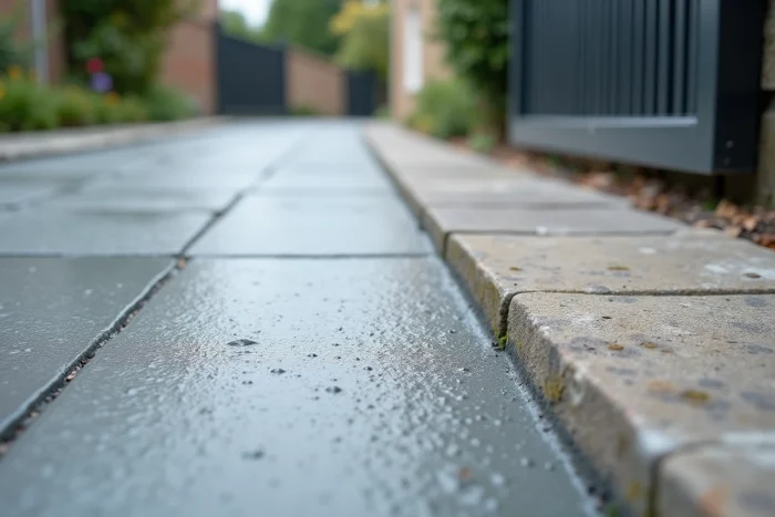 Gros plan sur le rattrapage de niveau entre une dalle béton et un carrelage au seuil d'un portail extérieur