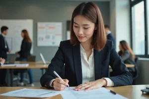 Jeune femme rédigeant une appréciation de stage dans un bureau professionnel moderne