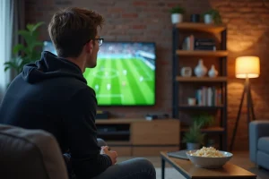 Jeune homme regardant un match de football en streaming sur sa télévision dans un appartement moderne