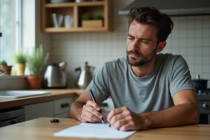 Homme remplissant un formulaire de résiliation Freebox à la table de sa cuisine