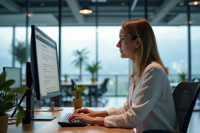 Femme professionnelle résolvant un problème de webmail sur ordinateur de bureau dans un open space à Grenoble