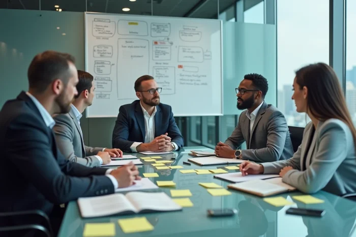Équipe de professionnels en réunion stratégique autour d'une table de conférence pour améliorer les pratiques de gestion quotidienne