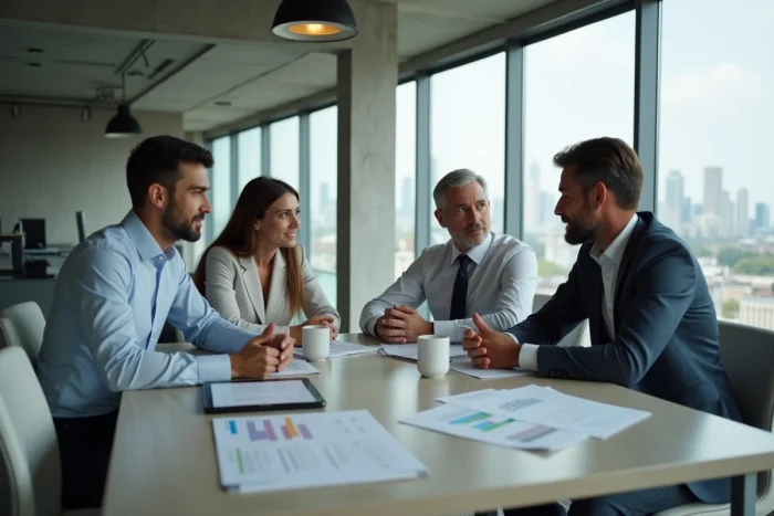 Groupe de professionnels discutant de nouvelles réglementations et lois lors d'une réunion d'entreprise
